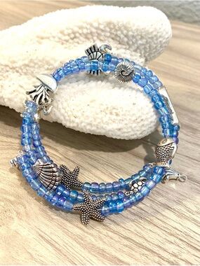 29. Handmade Blue Beaded Sea Charm Memory Wrap Bracelet - Women's Jewelry